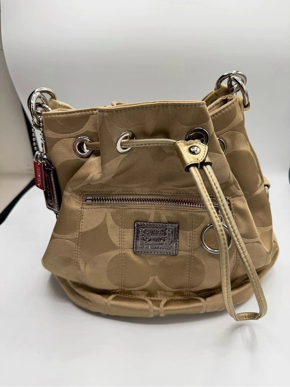 Coach Poppy Signature Sateen Cinch Bucket Bag Tan & Pink